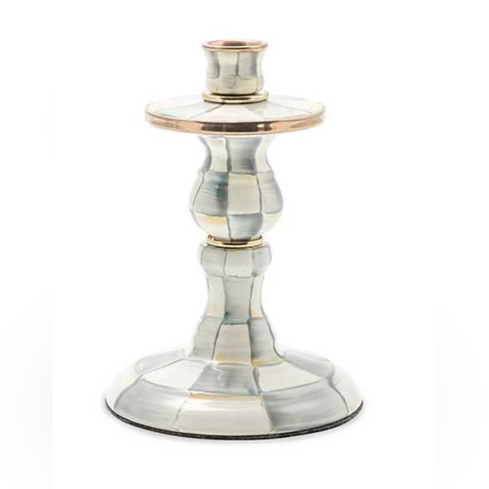 New MACKENZIE CHILDS STERLING CHECK ENAMEL CANDLESTICK HOLDER -small